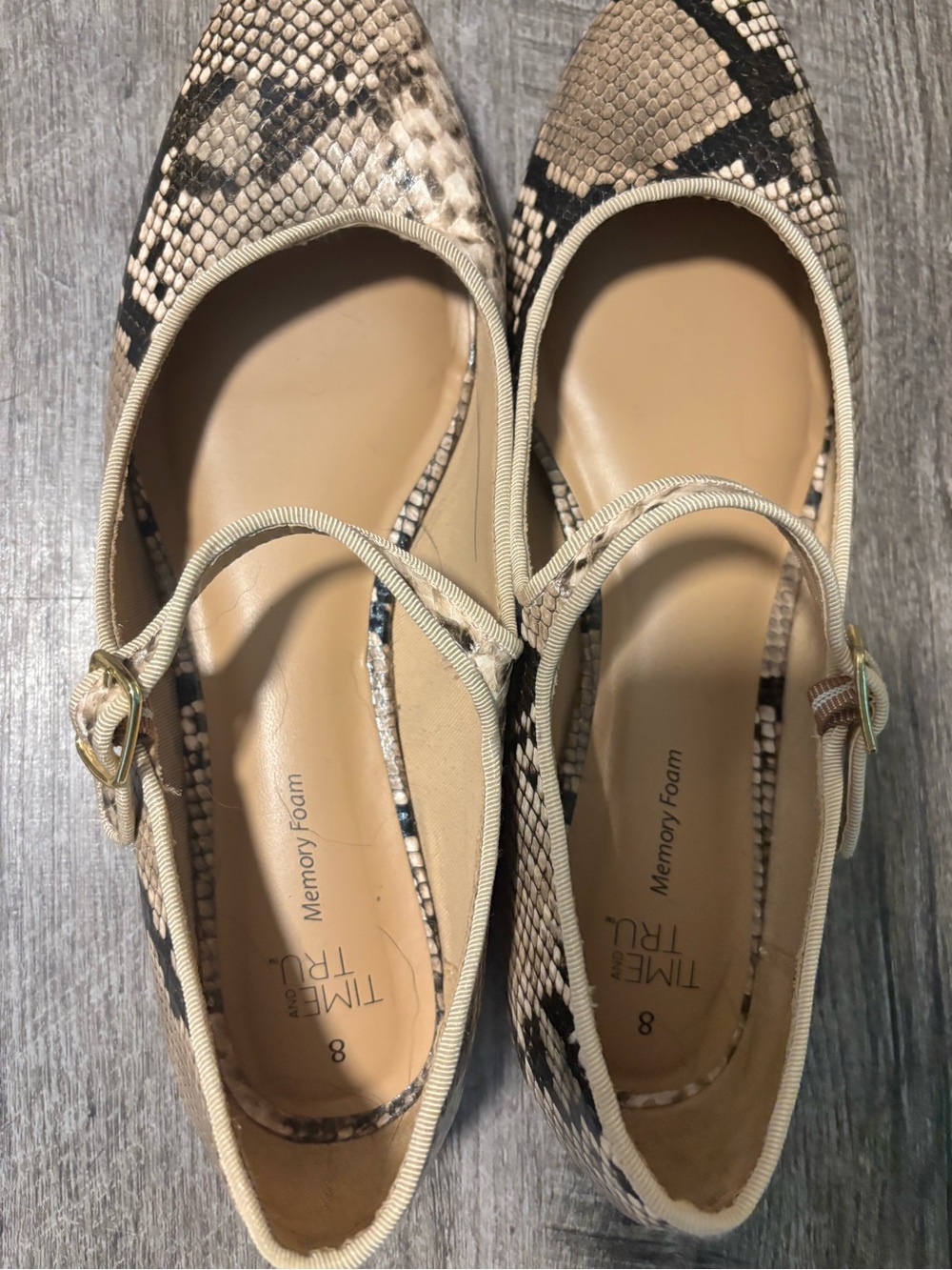 Time and Tru Beige and Black Snake-Print Mary Jane Flats